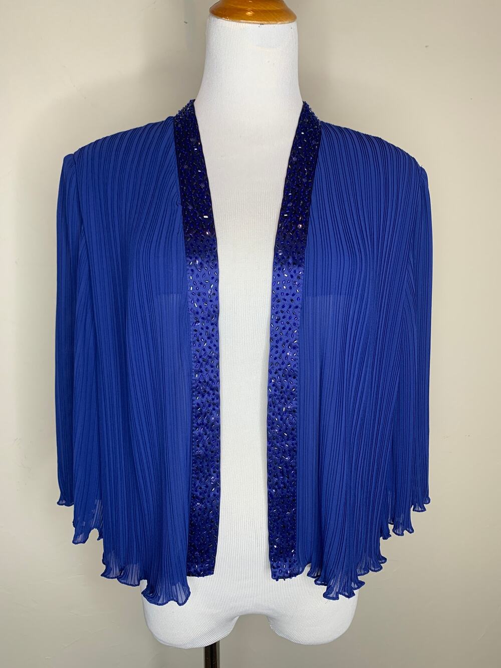 Patra Women Blue Open Front Beaded Jacket Formal Pleated Sz 18W
